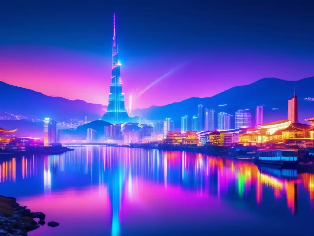 Tokyo de noche: Ciudad futurista y vibrante Inversión en criptomonedas en Asia: Ciudad futurista de Tokyo iluminada por luces de neón en la noche, reflejada en el río