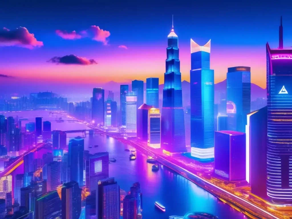Ciudad asiática vibrante con criptomonedas Inversión en criptomonedas en Asia: ciudad nocturna vibrante con rascacielos, billboards digitales y profesionales analizando datos