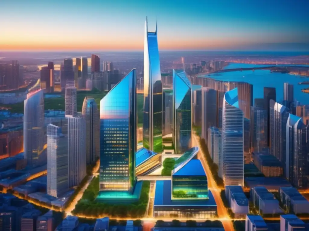 Rascacielos moderno en vibrante ciudad Inversión en fondos inmobiliarios: Edificio moderno rodeado de una ciudad vibrante