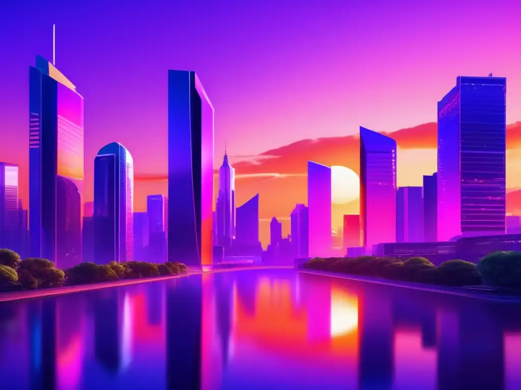 Futurista ciudad al atardecer Inversión en fondos inmobiliarios: Imagen de una ciudad futurista al atardecer con rascacielos modernos, naturaleza exuberante y un cielo vibrante