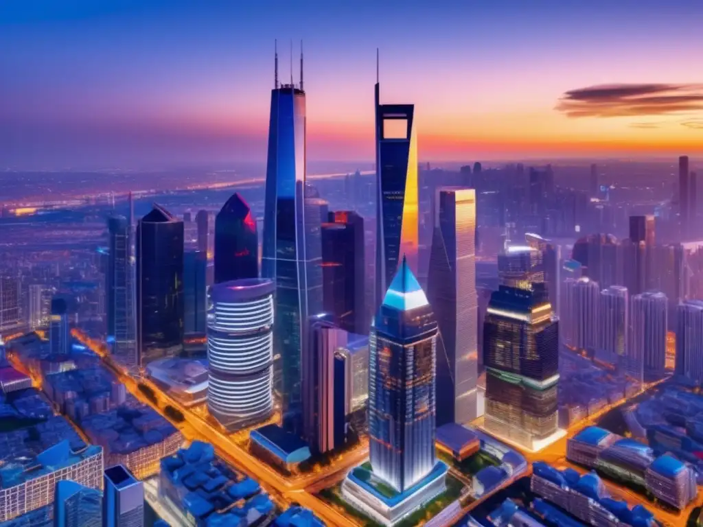 Skyline diverso al atardecer Inversión en fondos inmobiliarios: Skyline urbano diverso y moderno, reflejando prosperidad y variedad de propiedades