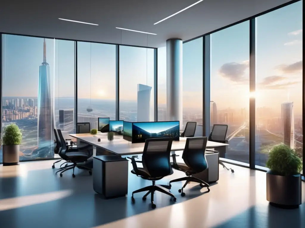 Oficina futurista con tecnología AI avanzada Inversión en IA: Futurista oficina con tecnología AI avanzada, empleados productivos y vista urbana