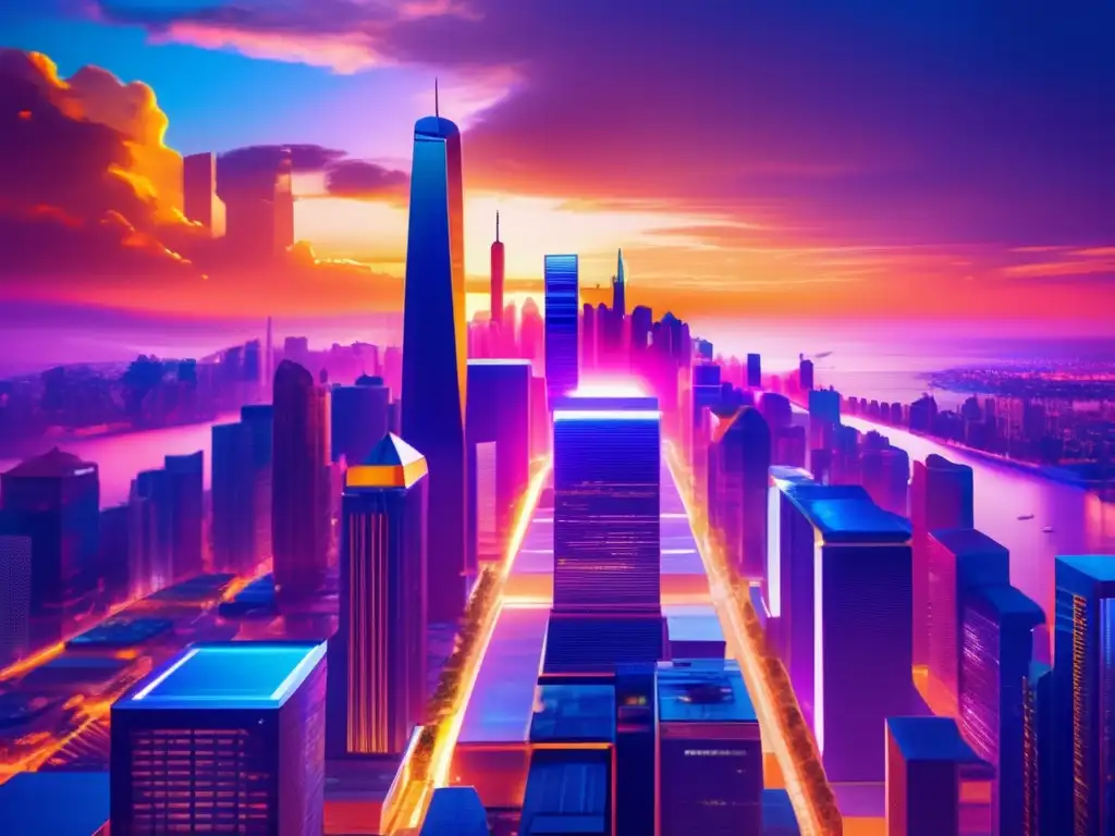 Ciudad vibrante con oportunidades Inversión de impacto rentable en una ciudad vibrante con rascacielos al atardecer y personas en la calle