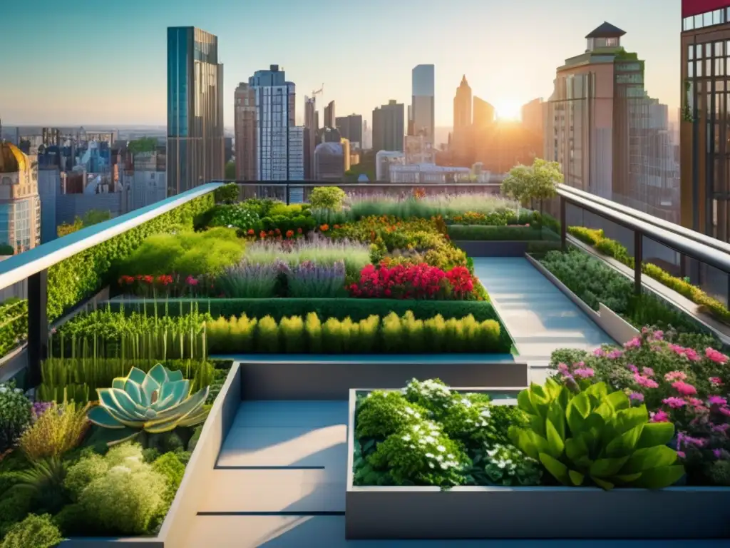 Un jardín en la azotea sostenible y vibrante Inversión de impacto rentable: Hermoso jardín en la azotea con plantas exuberantes y coloridas, integrando la naturaleza y el desarrollo urbano