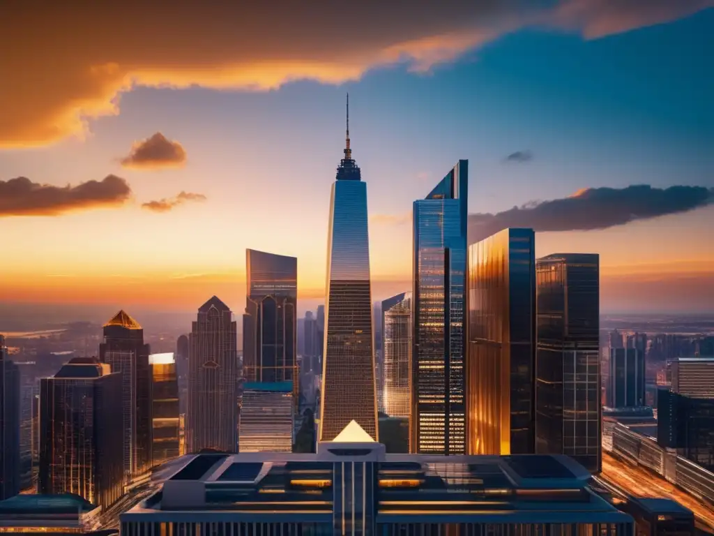 Ciudad moderna al atardecer Inversión inmobiliaria: ciudad moderna al atardecer con rascacielos dorados