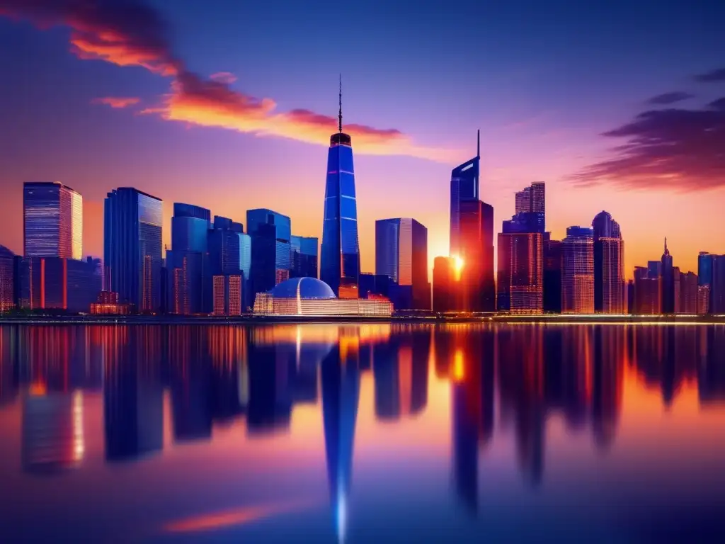 Metrópolis vibrante con rascacielos luminosos Inversión inmobiliaria: Cómo evitar fraudes y aprovechar el potencial de una ciudad moderna al atardecer