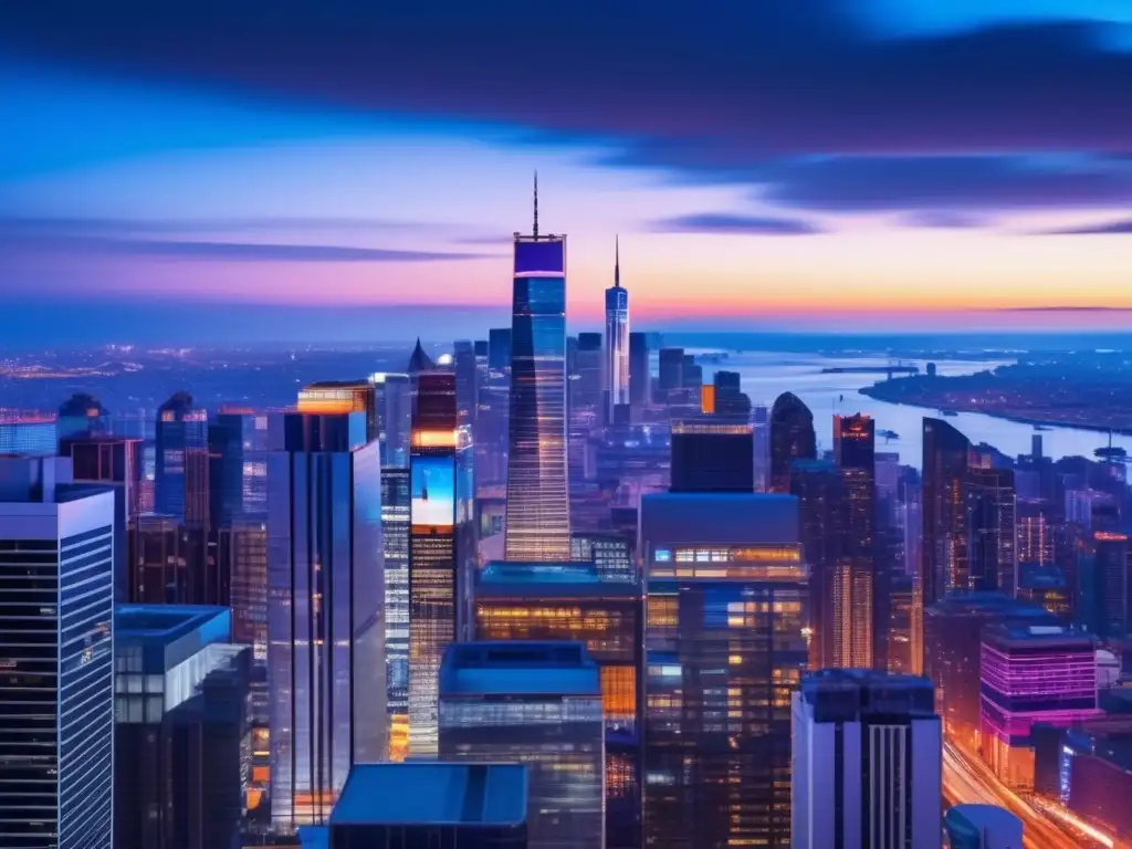 Moderna ciudad nocturna: rascacielos y luces Inversión inmobiliaria a largo plazo en ciudad moderna iluminada con rascacielos y arquitectura variada