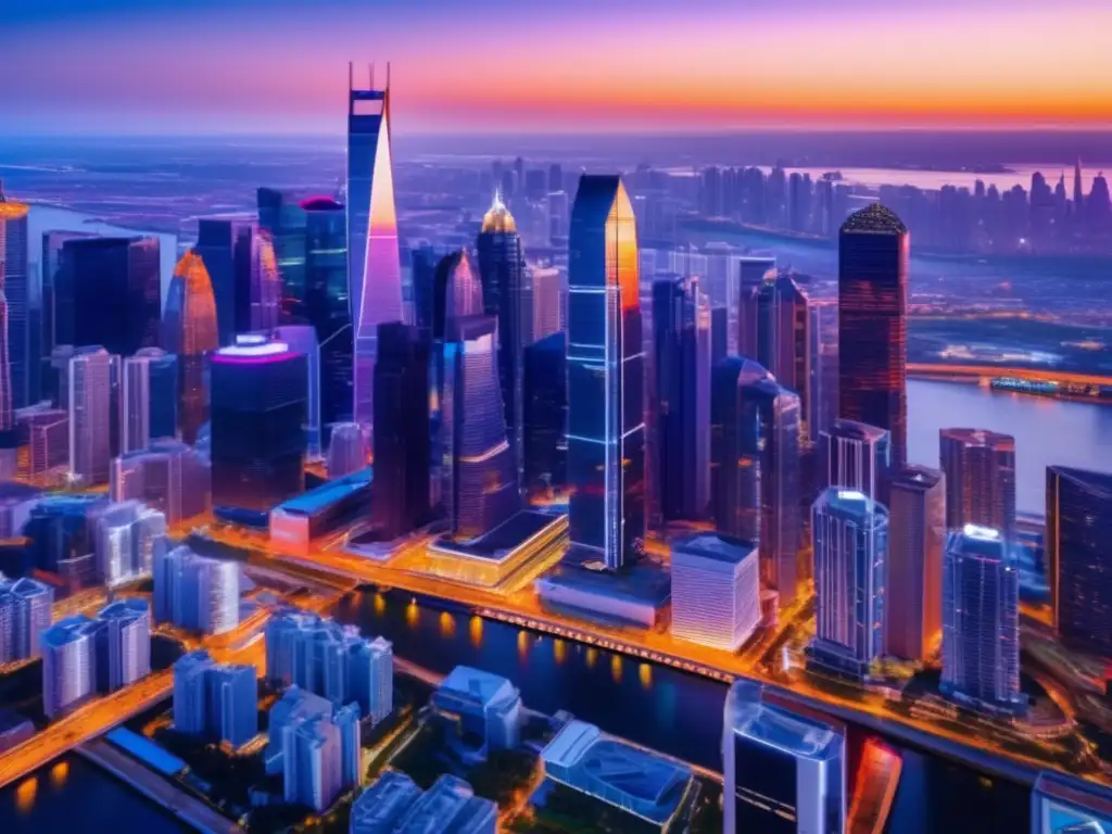 Ciudad moderna al atardecer: rascacielos, luces y oportunidades Inversión inmobiliaria para millonarios en una ciudad vibrante al atardecer