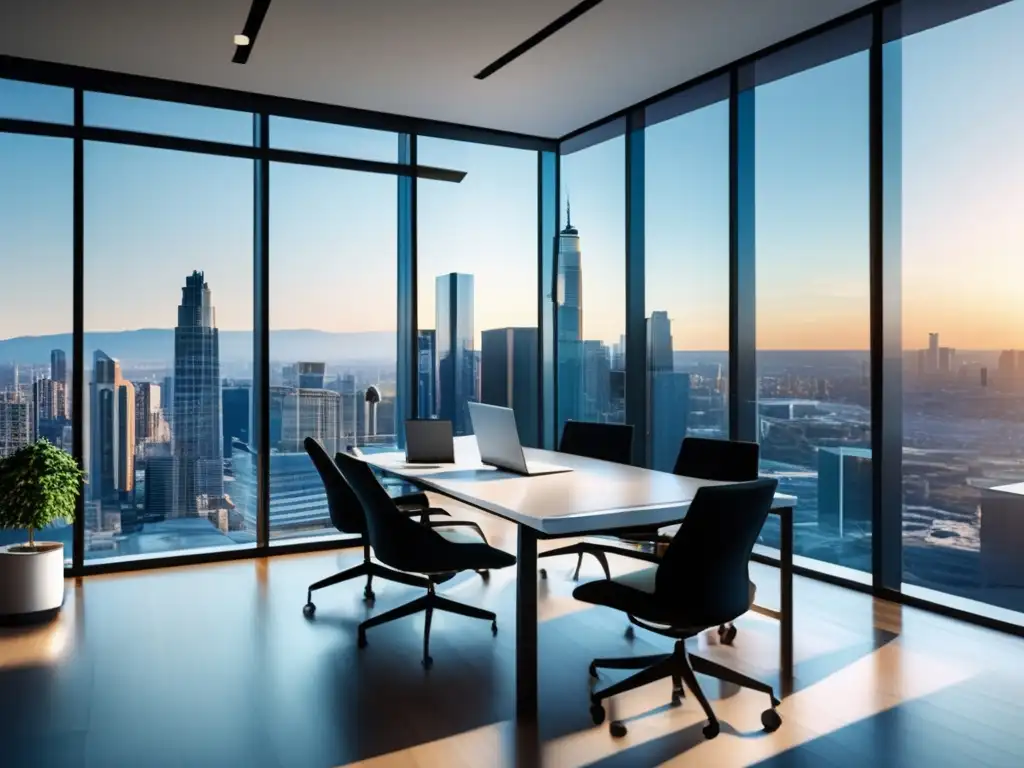 Oficina moderna con vista urbana Inversión inmobiliaria para millonarios: Oficina moderna con vista a la ciudad, mobiliario contemporáneo y ambiente profesional