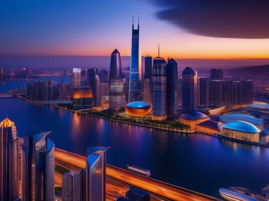 Impresionante skyline urbano al atardecer Inversión inmobiliaria: mitos y realidades en una impresionante imagen de una moderna ciudad al atardecer
