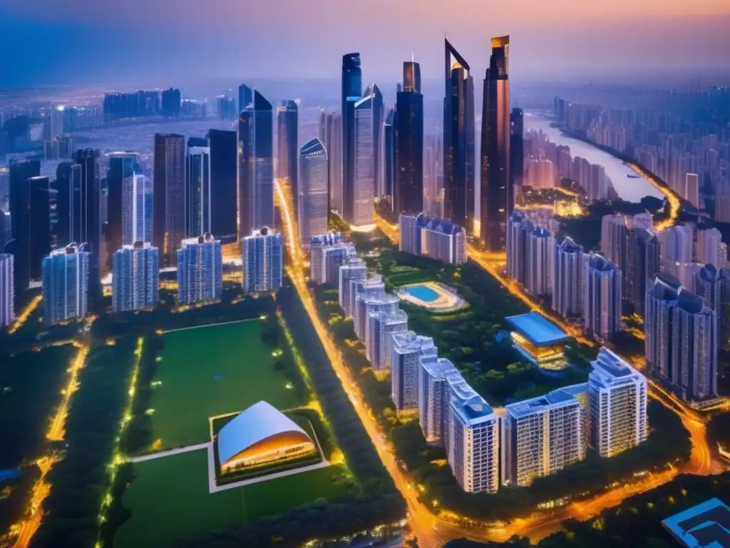 Ciudad moderna con rascacielos y parques Inversión inmobiliaria rentable en ciudad moderna al atardecer
