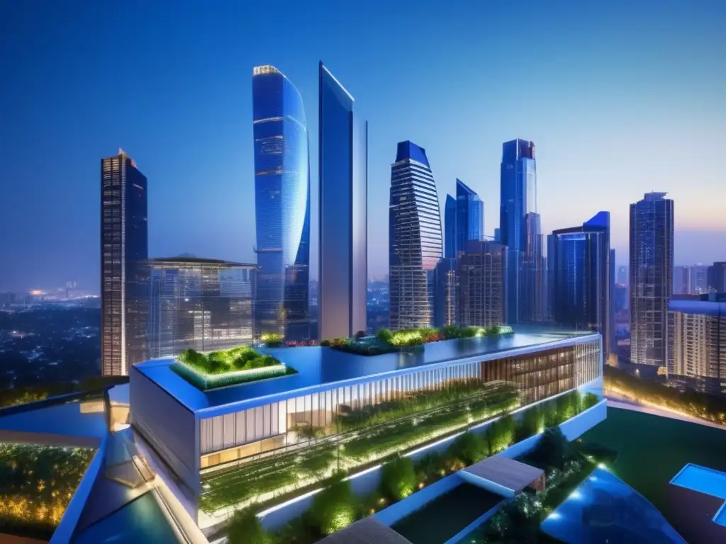 Ciudad moderna con rascacielos y luces vibrantes Inversión inmobiliaria rentable: ciudad moderna con rascacielos y complejo residencial de lujo