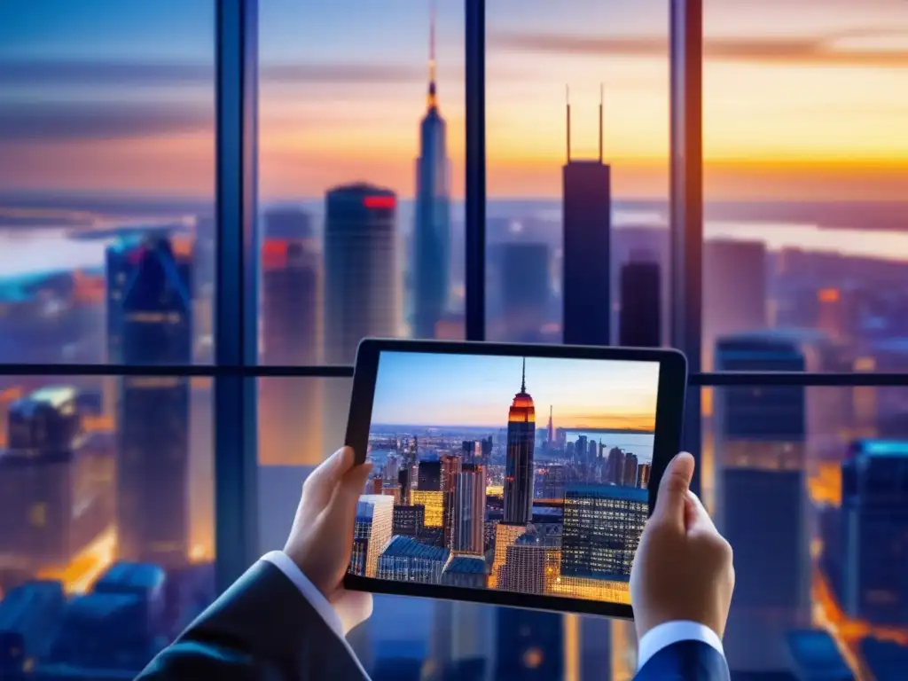 Inversionista analizando mercado inmobiliario Inversión inmobiliaria segura: ciudad moderna, skyline vibrante, análisis de mercado, diversificación y estabilidad