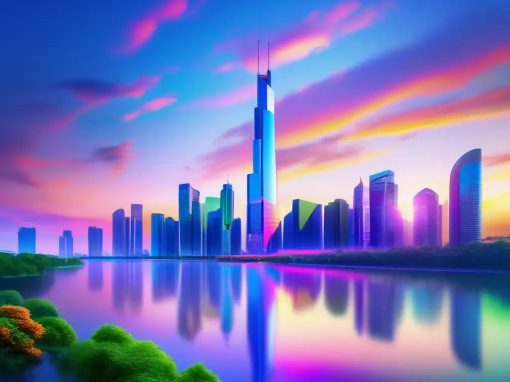 Ciudad moderna con rascacielos de vidrio y tecnología blockchain Inversión inmobiliaria con tecnología Blockchain - Ciudad moderna, rascacielos de cristal, parques verdes y propiedad tokenizada