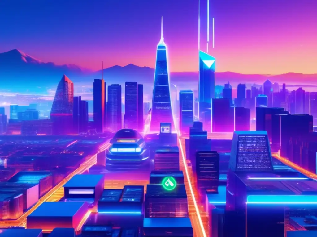Futurística ciudad con criptomonedas Inversión a largo plazo en altcoins con ciudad futurista y símbolos holográficos de criptomonedas