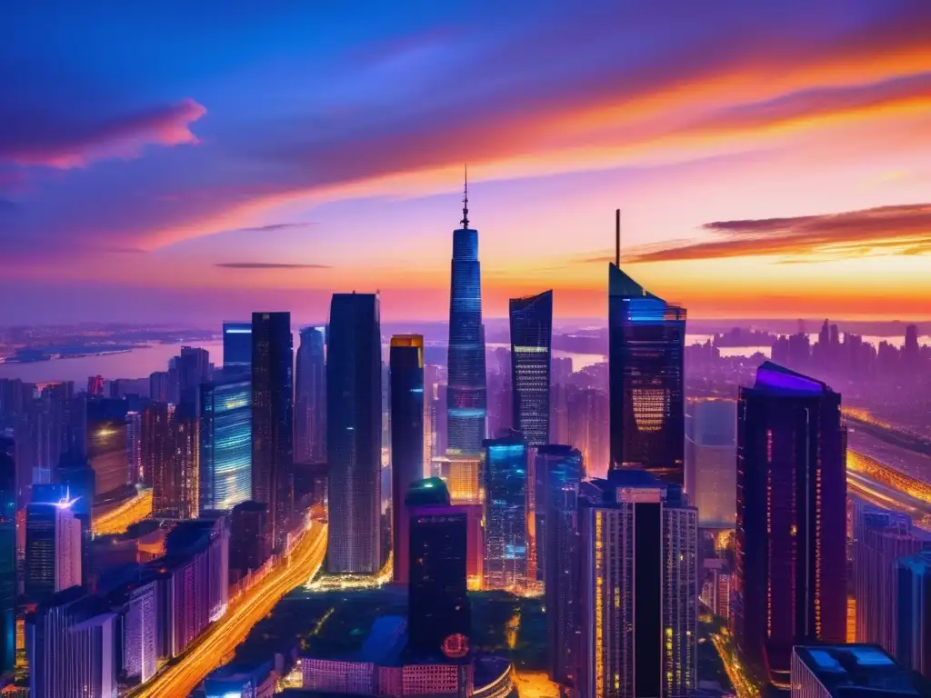 Ciudad en crecimiento con arquitectura moderna Inversión a largo plazo en mercados emergentes: city skyline vibrante y desarrollo económico en imagen 8K -