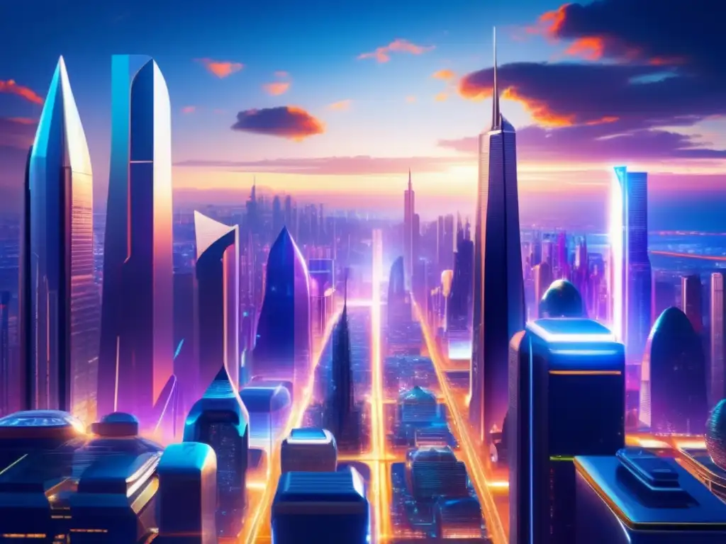 Futurista metrópolis con rascacielos de metales raros Inversión en metales raros rentables: Futurista ciudad con rascacielos relucientes y calles llenas de vehículos avanzados