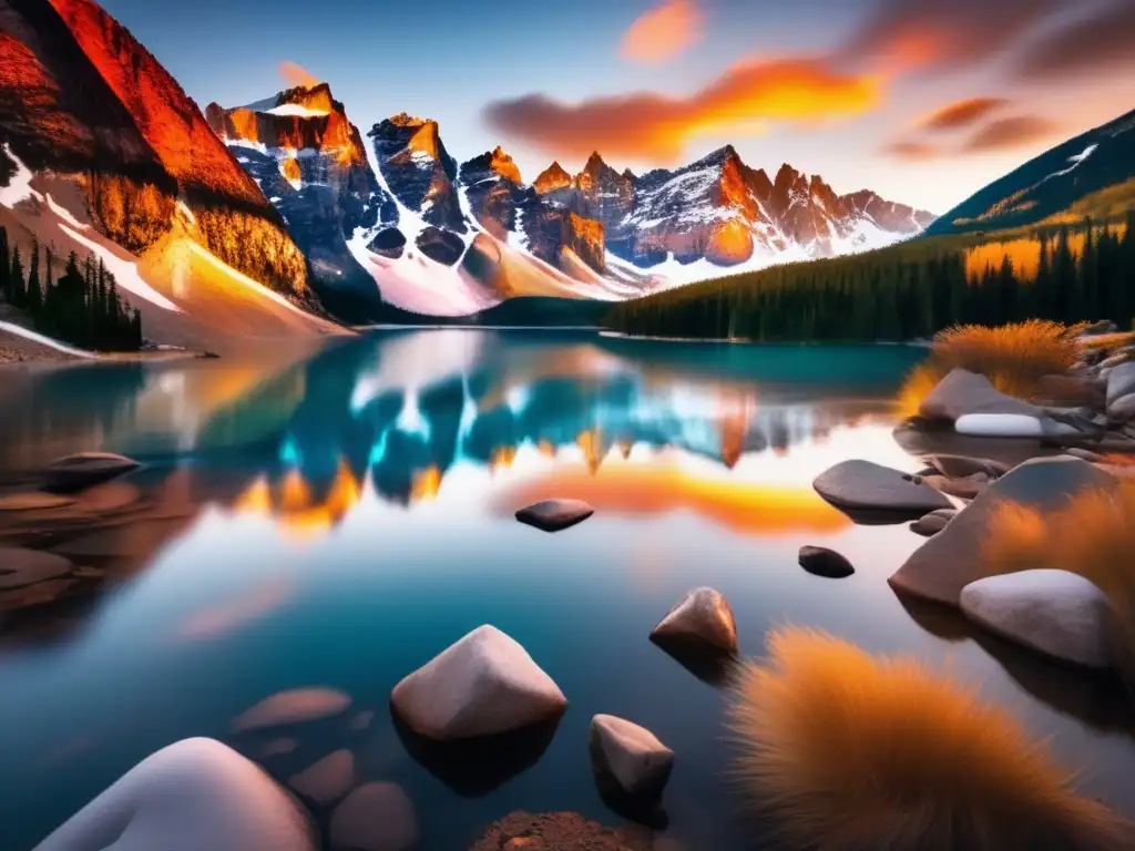 Paisaje celestial con metales preciosos Inversión en metales raros rentables, paisaje impresionante refleja lago, montañas nevadas, destellos metálicos cautivadores
