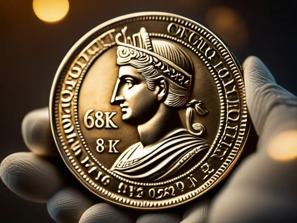 Moneda antigua rara en manos con guantes Inversión en monedas antiguas: Detallada imagen 8k de una rara y delicada moneda antigua, resaltando sus detalles y artesanía