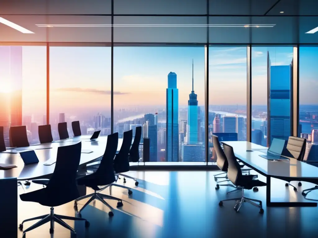 Oficina moderna con profesionales discutiendo inversiones Inversión pasiva en bolsa exitosa: Oficina moderna con sala de conferencias y vista panorámica de la ciudad