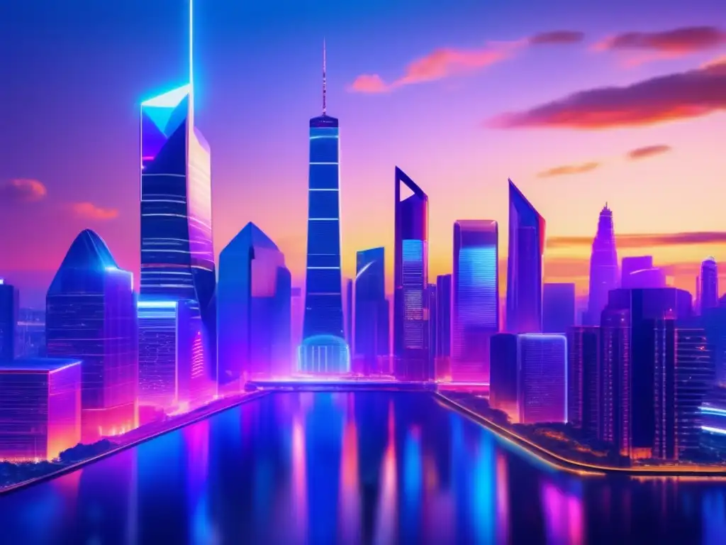 Ciudad futurista con profesionales debatiendo Inversión pasiva en bolsa exitosa: Futurista skyline con rascacielos modernos y profesionales en discusiones