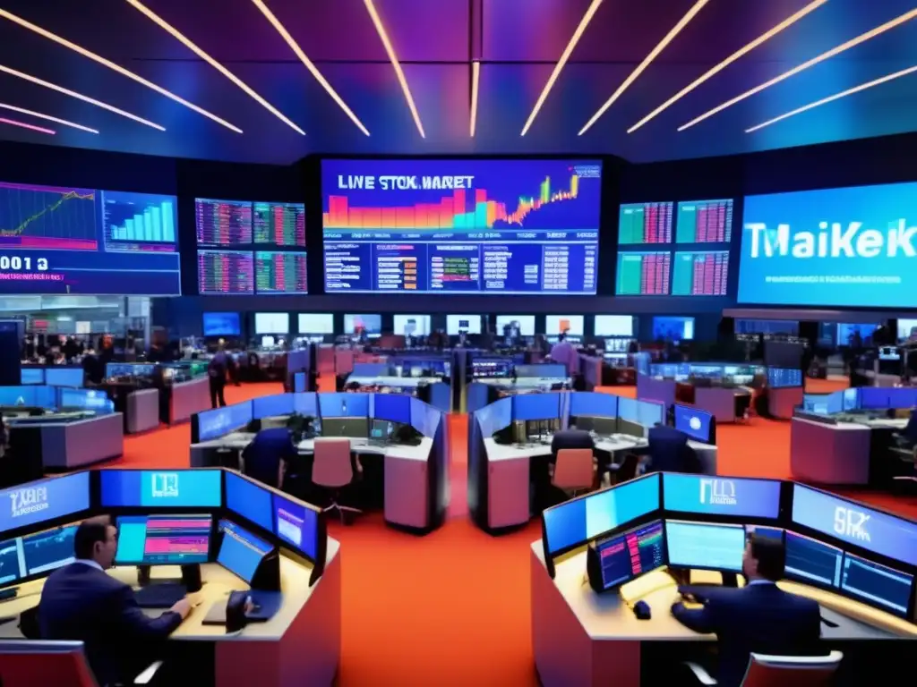 Vibrante piso de bolsa con traders y pantallas brillantes Inversión pasiva en bolsa exitosa: Traders en un vibrante piso de mercado con computadoras y gráficas, reflejando actividad y profesionalismo