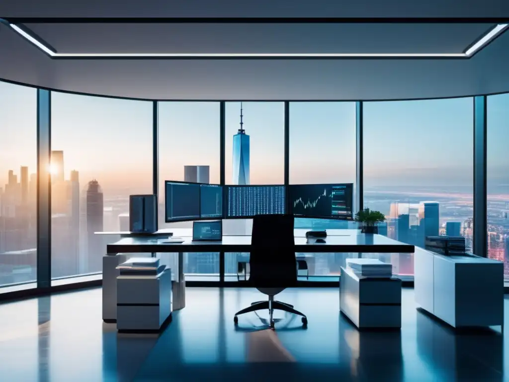 Oficina de inversión moderna y elegante Inversión pasiva en bolsa exitosa: oficina moderna, inversor enfocado analizando datos de mercado, ambiente profesional y luz natural