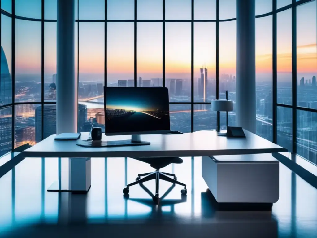 Oficina moderna con vista a la ciudad Inversión pasiva en bolsa exitosa en una oficina moderna y elegante con vista panorámica a una ciudad vibrante