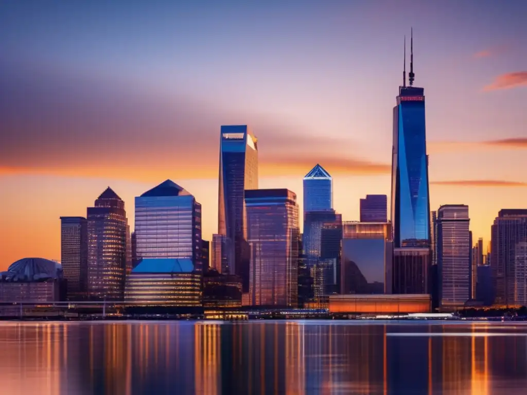 Ciudad moderna al atardecer: rascacielos vibrantes Inversión pasiva en una ciudad moderna al atardecer: energía, prosperidad y crecimiento