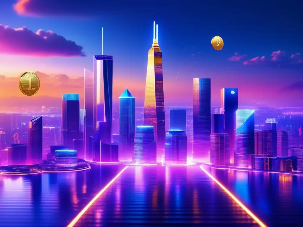Futuro criptomoneda: inversión pasiva y diversificación Inversión pasiva en criptomonedas: Futuro digital y diversificación de cartera en un paisaje urbano de rascacielos brillantes y monedas virtuales