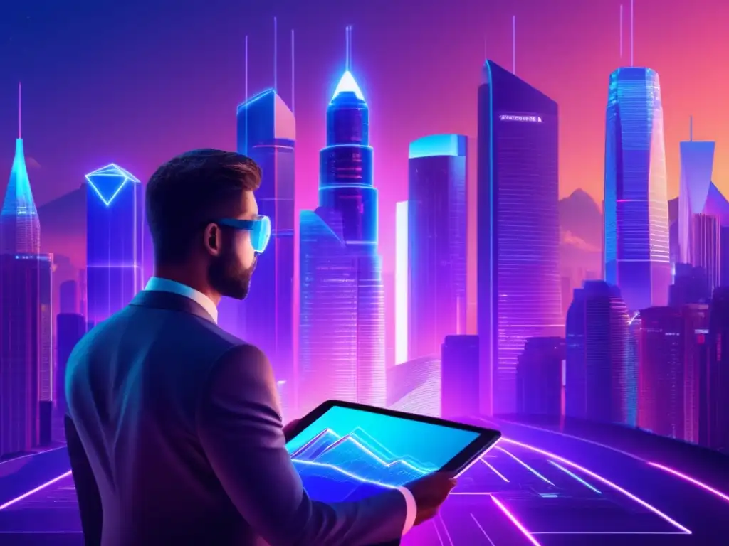 Futuro digital: criptomonedas y éxito Inversión pasiva en criptomonedas: Futuro digital con rascacielos neón, hologramas de criptomonedas y persona confiada con tabla de mercado