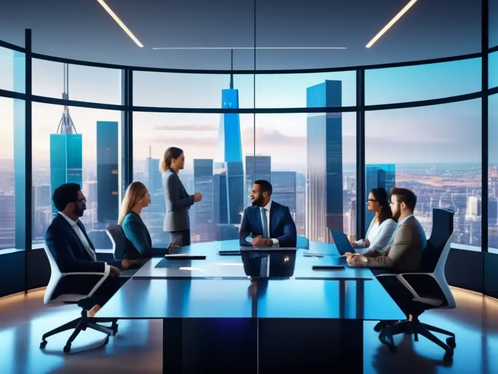Oficina financiera activa y pasiva Inversión pasiva en criptomonedas en una oficina financiera moderna con vista a la ciudad