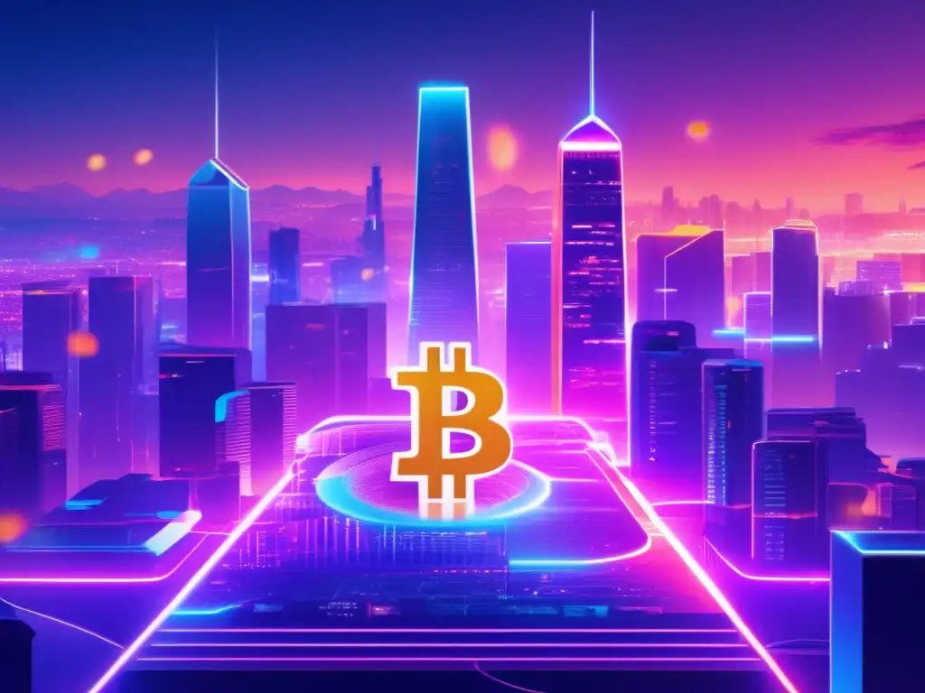 Futuro financiero: Ciudad criptográfica vibrante Inversión pasiva en criptomonedas: paisaje digital futurista con rascacielos de símbolos de criptomonedas brillantes y ciudad vibrante