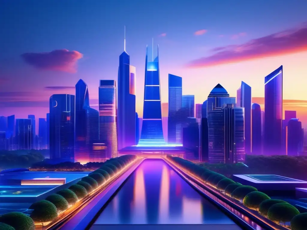 Ciudad financiera futurista: tecnología, naturaleza y finanzas Inversión pasiva: Futurista ciudad financiera al atardecer, con modernos edificios que se integran con la naturaleza