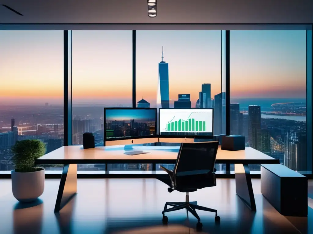 Oficina moderna con inversión pasiva Inversión pasiva ofrece futuro próspero en moderna oficina con vista panorámica de ciudad y gráfica de crecimiento