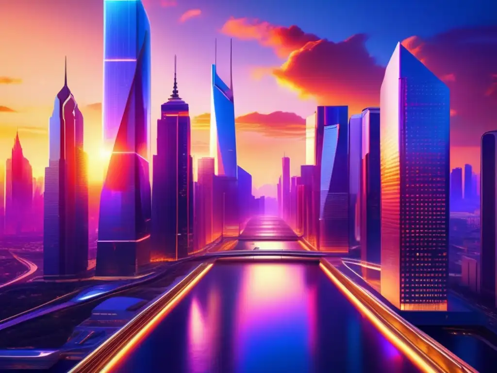 Futuroso horizonte financiero Inversión pasiva a largo plazo en una ciudad futurista con rascacielos, personas y monumento-