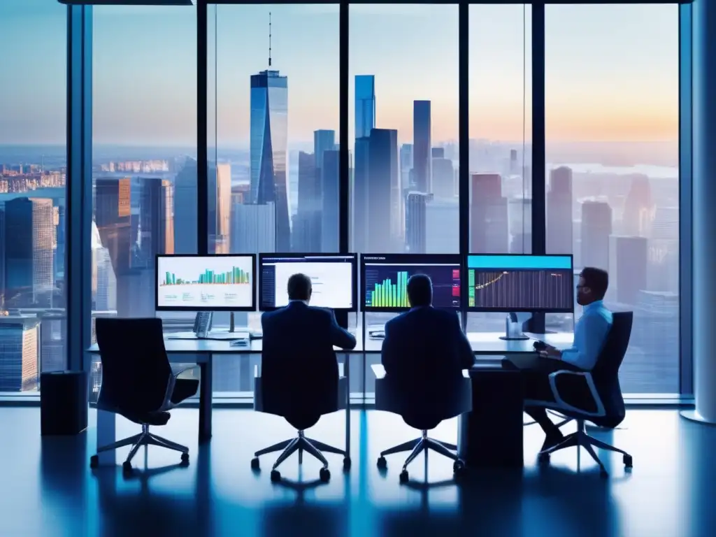 Oficina moderna con profesionales y gráficos financieros Inversión pasiva en ETFs: oficina moderna y vibrante con profesionales analizando datos financieros