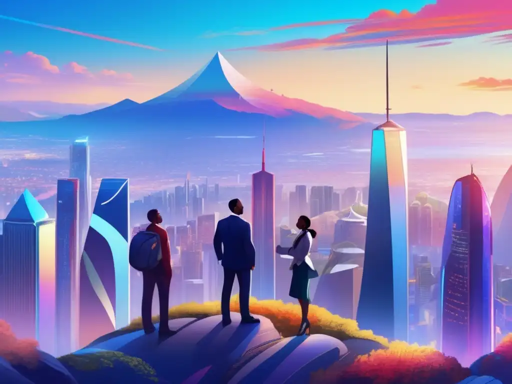Grupo diverso en la cima, visión de éxito financiero Inversión pasiva a prueba: Grupo diverso en montaña con vista a ciudad futurista y cielo al atardecer