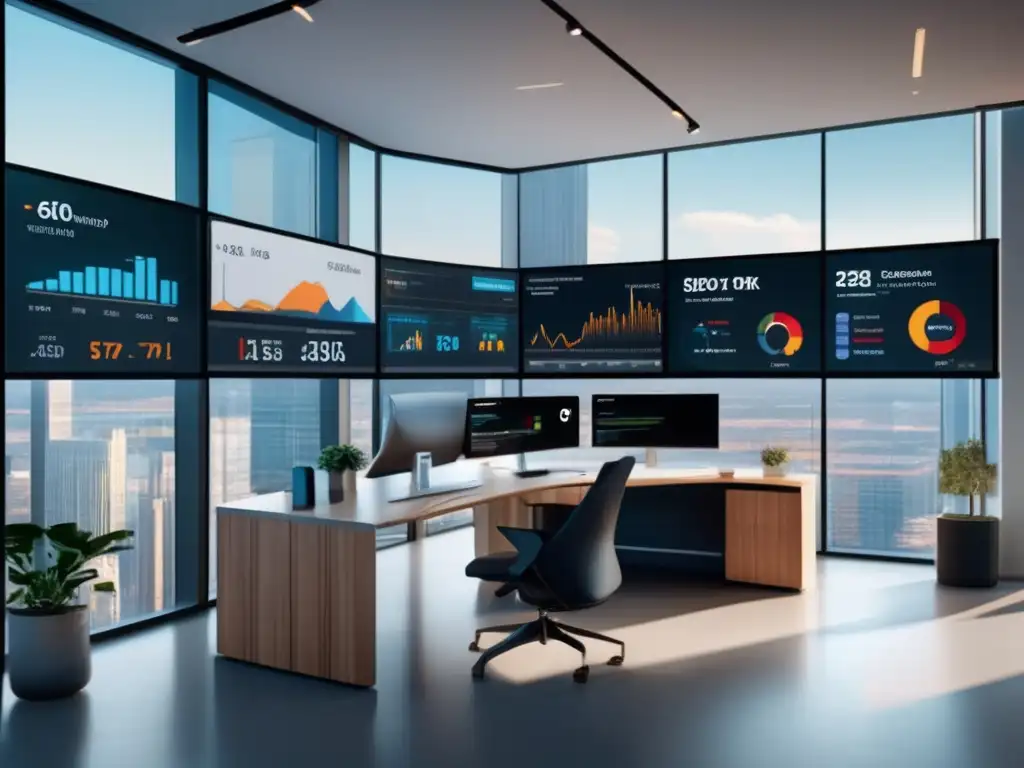 Oficina moderna de inversión pasiva Inversión pasiva a prueba: Oficina moderna, con ventanales y equipo profesional analizando datos y gráficos en pantallas de alta resolución