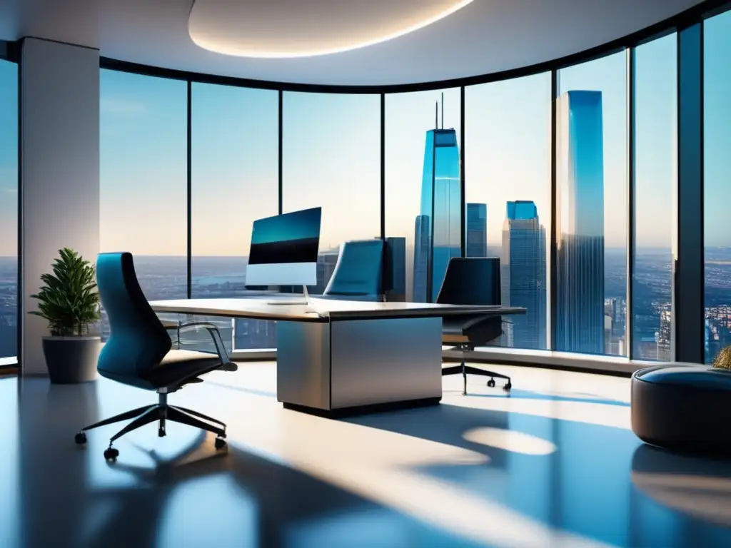Oficina de inversión moderna y serena Inversión pasiva a prueba: Oficina de inversión moderna y tranquila, con muebles minimalistas y vistas a la ciudad