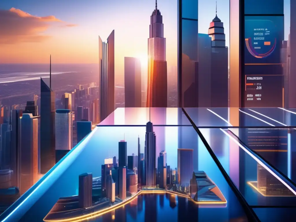 Futuro financiero y dualidad inversiones Inversión pasiva vs activa: Futurista ciudad con rascacielos de vidrio y acero, inversión en fondos, gráficos bursátiles y diversificación