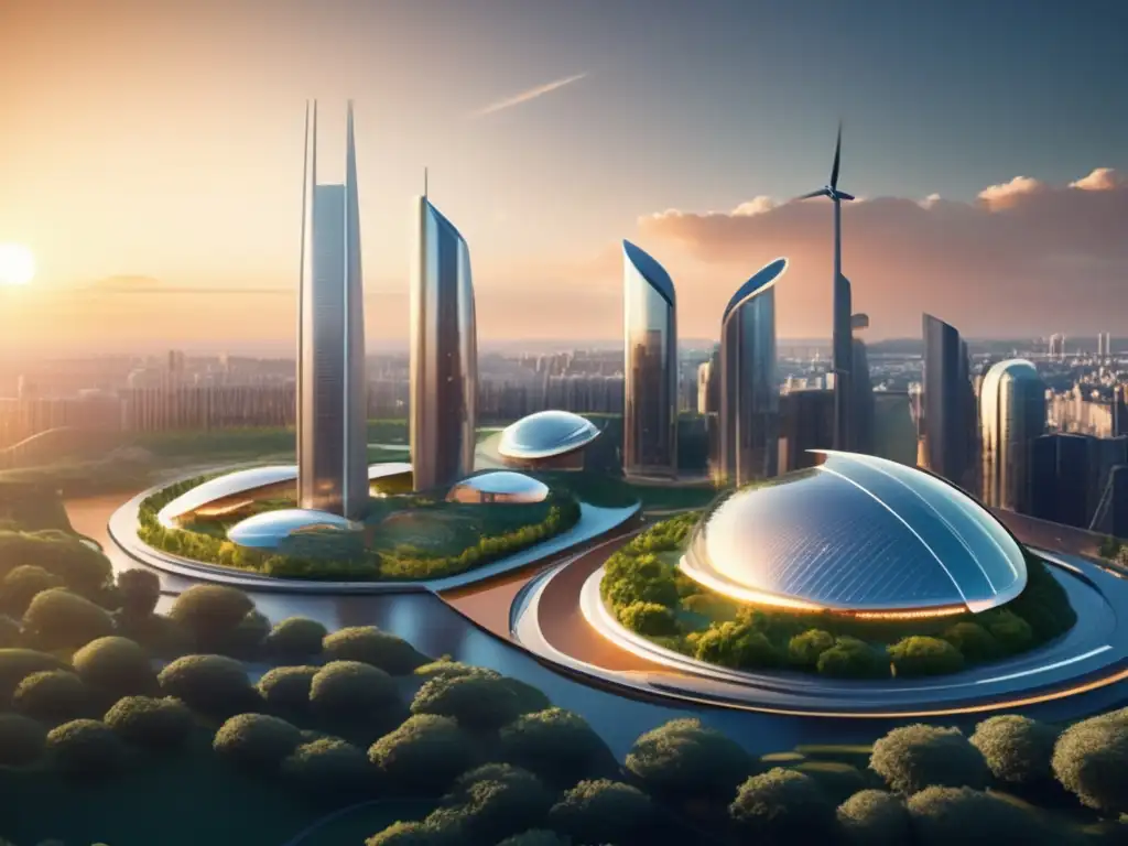Futurista ciudad sostenible con edificios verdes Inversión renovable para principiantes: Futurista ciudad sostenible, con edificios verdes y energía limpia