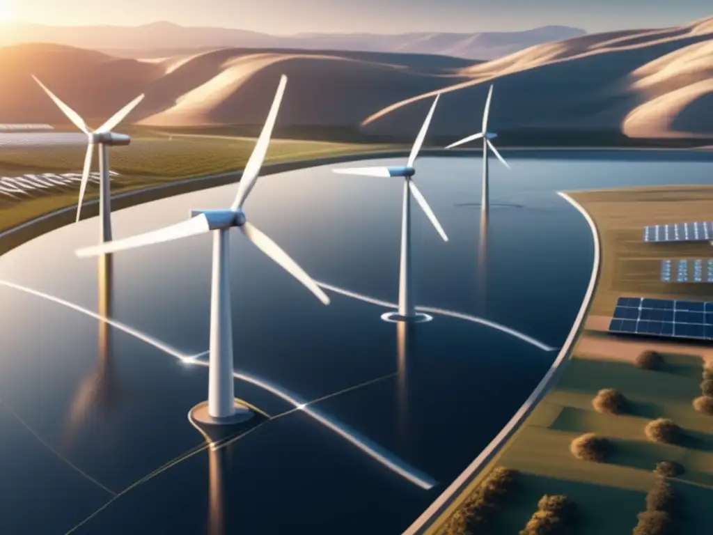 Parque de energías renovables futurista Inversión renovable para principiantes: Parque de energía renovable futurista con paneles solares, turbinas eólicas y una represa hidroeléctrica