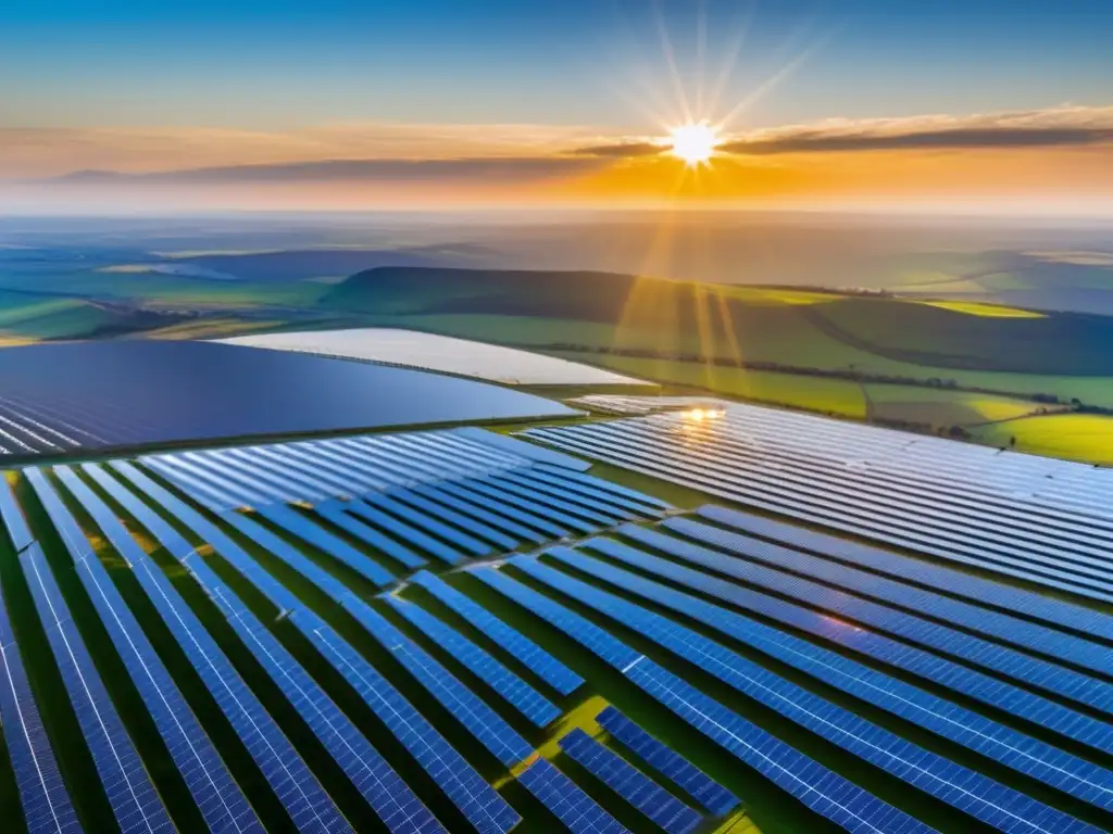 Energía solar sostenible en paisaje cautivador Inversión renovable para principiantes: Solar farm en paisaje sereno, filas de paneles brillantes bajo el sol, esperanza y potencial