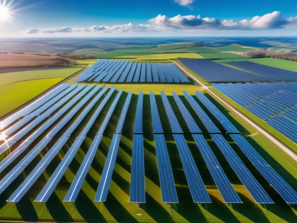 Granja solar: Energía renovable en armonía Inversión renovable: solar farm vista panorámica con paneles solares y cielo azul, tecnología ecológica
