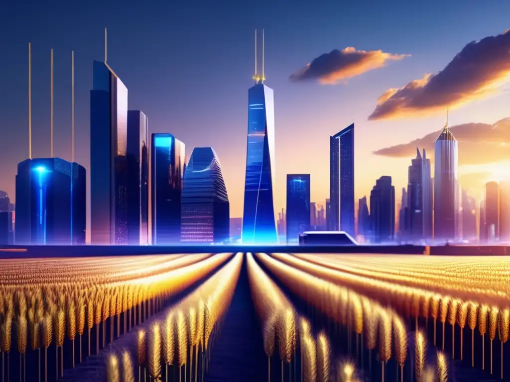 Futuroso horizonte urbano con inversores Inversión en commodities rentables: ciudad futurista, inversores profesionales, rentabilidad y sofisticación