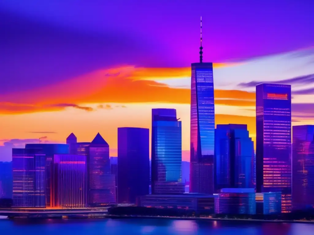 Ciudad al atardecer, inversión responsable y diversidad Inversión Responsable en Crisis: Ciudad con rascacielos iluminados y profesionales diversos en primer plano