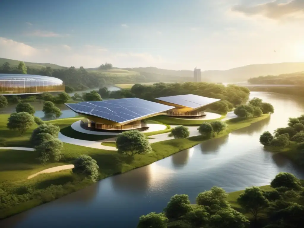 Un paisaje verde sostenible con un edificio moderno Inversión responsable en finanzas verdes: paisaje verde con río cristalino, edificio sostenible y energía solar