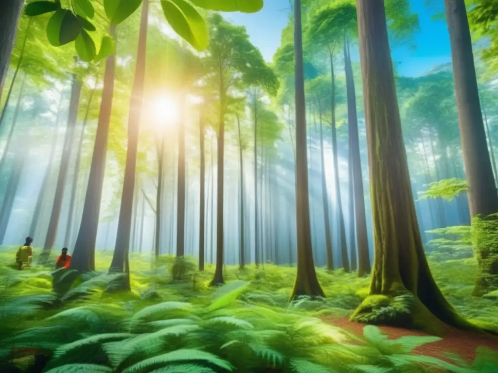 Bosque verde exuberante y personas colaborando Inversión responsable en finanzas verdes: bosque verde con personas colaborando