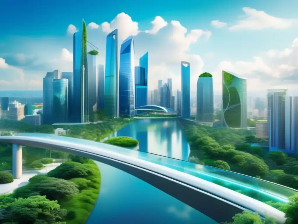 Ciudad moderna y sostenible Inversión responsable en finanzas verdes: moderna ciudad con edificios futuristas, naturaleza y puente de cristal, símbolo de conexión sostenible